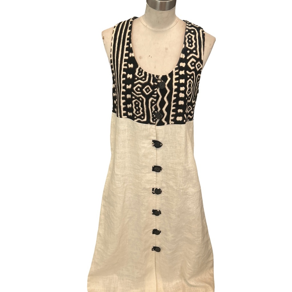My Tribe Pattern Black & Ivory Bohemian 100 Percent Linen Women’s Dress Medium